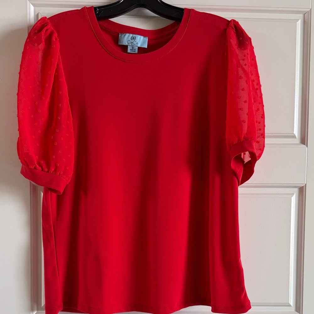 CeCe Vibrant Red Blouse with Sheer Puff Sleeves